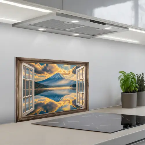 Doorkijk - Landschap - Bergen - Uitzicht - Raam keuken achterwand spatscherm klein -3d_schuin