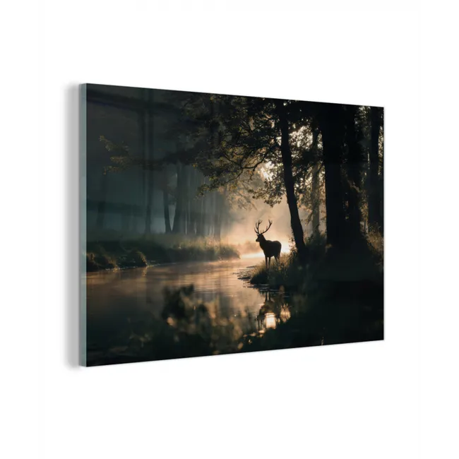 Glas schilderij - Hert - Bosbeek - Mystiek