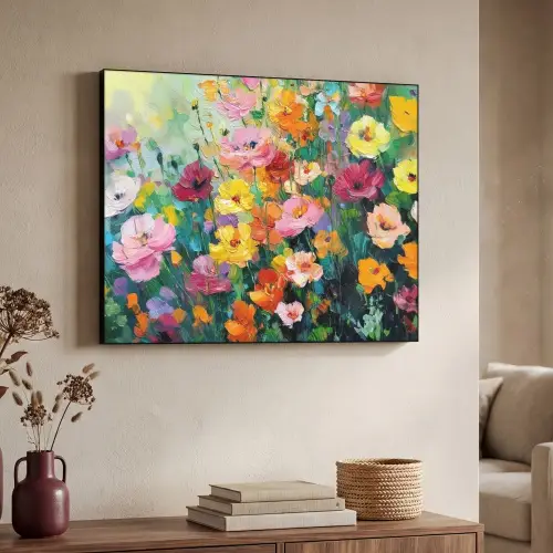 Bloemen explosie - Heldere kleuren - Vrolijk Textielframe zwart klein -sfeer3