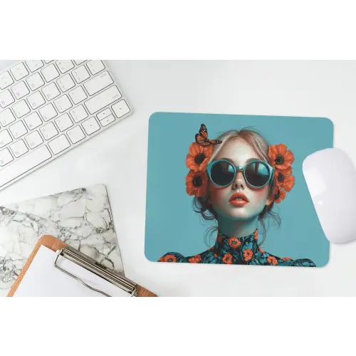 Vrouw - Blauw - Vlinder - Bloemen - Aesthetic muismat rubber klein -witbureau
