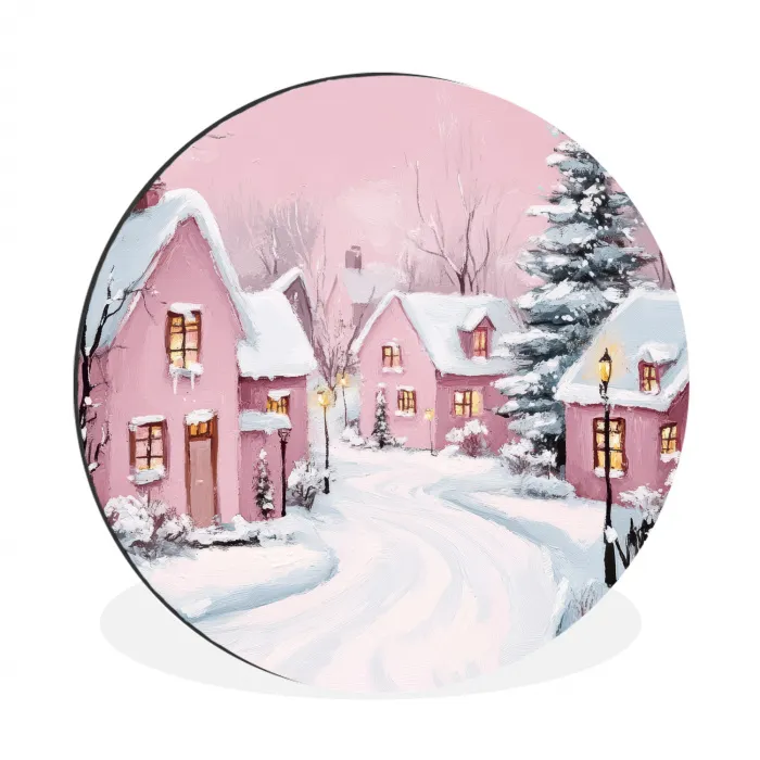 Kerstdorp - Roze - Winter - Sneeuw - Huizen Wandcirkel aluminium klein -3d