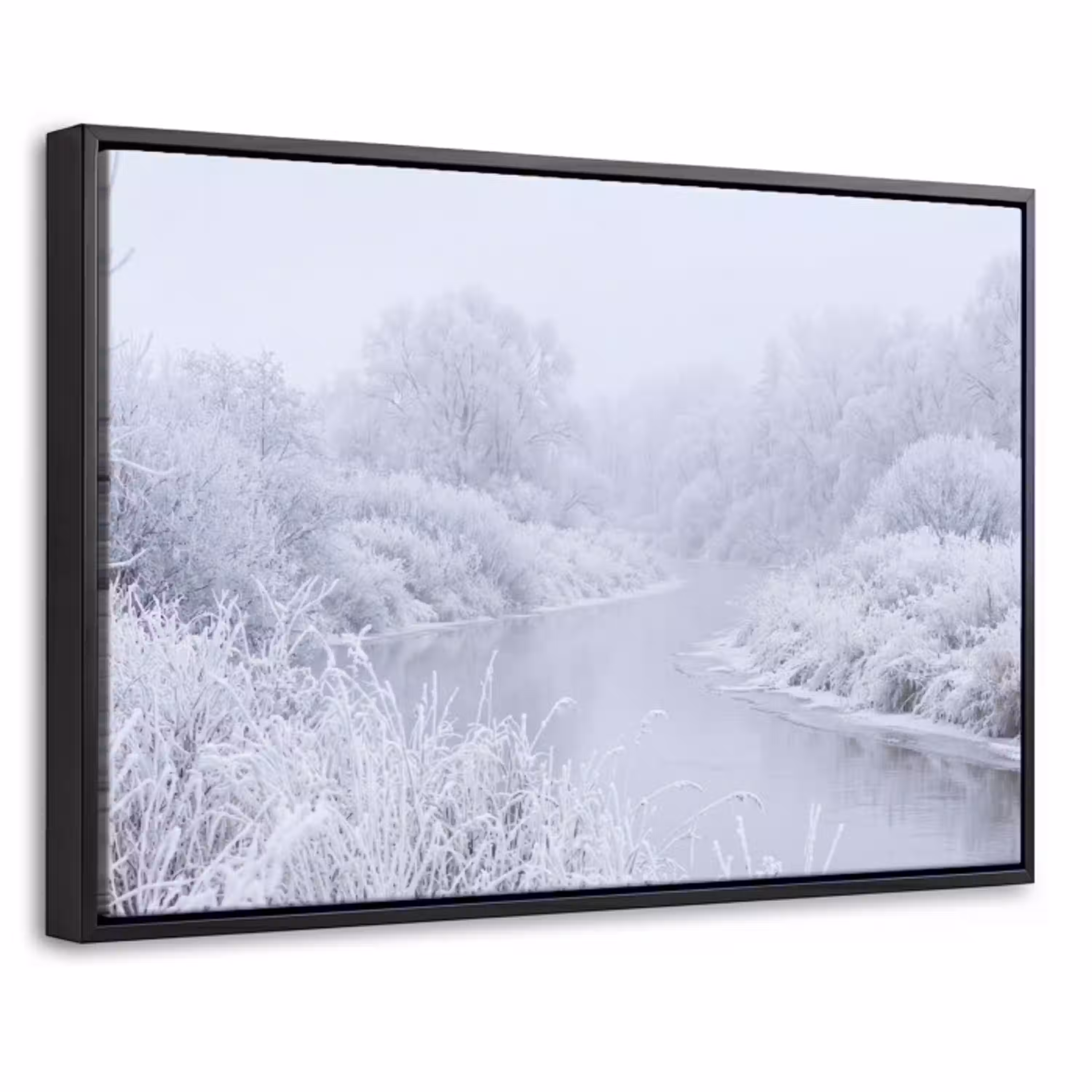 Rivier - Sneeuw - Bos - Winter - Schilderachtig Canvas met baklijst klein -threedimensional_3d_global