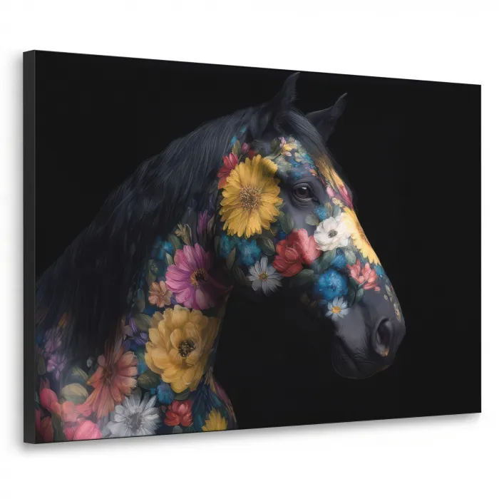 Paard - Bloemen - Zwart Textielframe zwart klein -3d