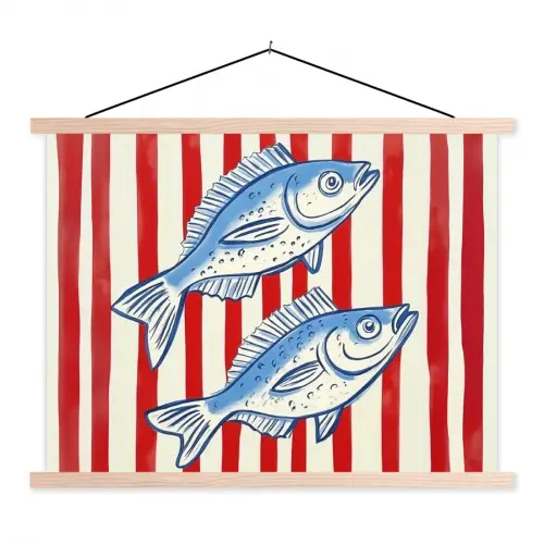Vissen - Verticale strepen - Blauw - Rood textielposter latten blank klein -3d
