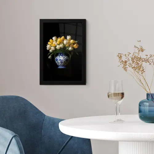 Geel - Tulpen - Vaas - Bloemen fotolijst zwart zonder passe partout klein -sfeer4