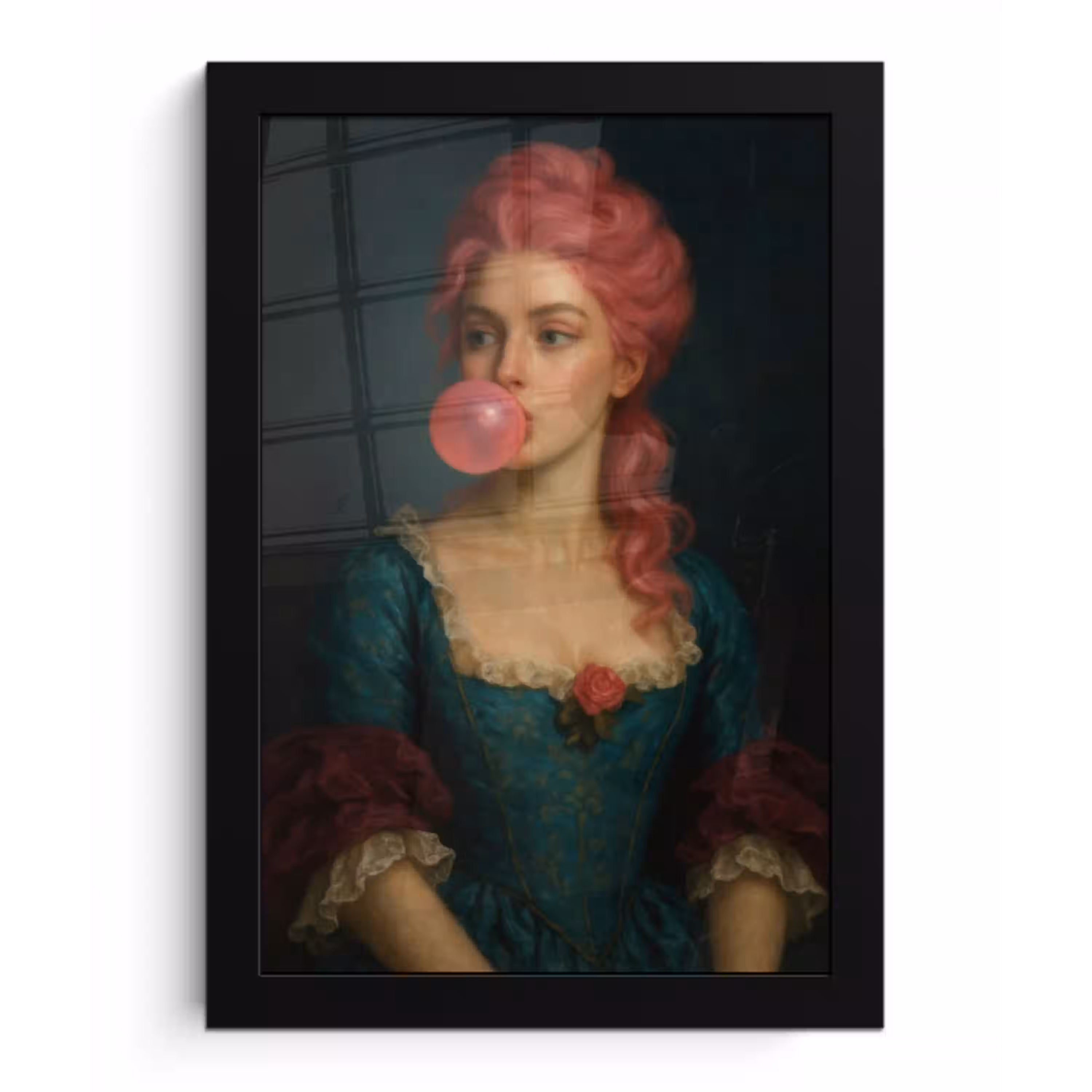 Vrouw - Portret - Kauwgombel fotolijst zwart zonder passe partout klein -3d