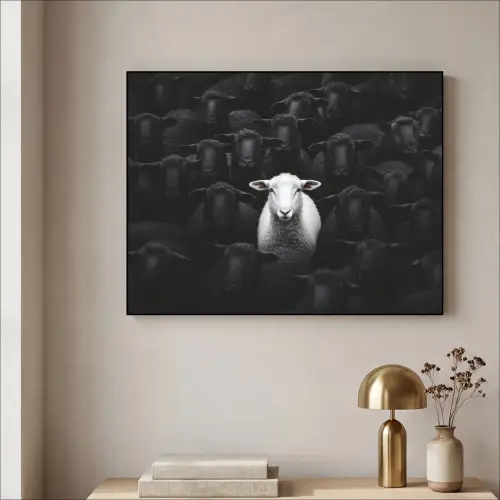 Schapen - Wit - Duisternis Textielframe zwart klein -sfeer2
