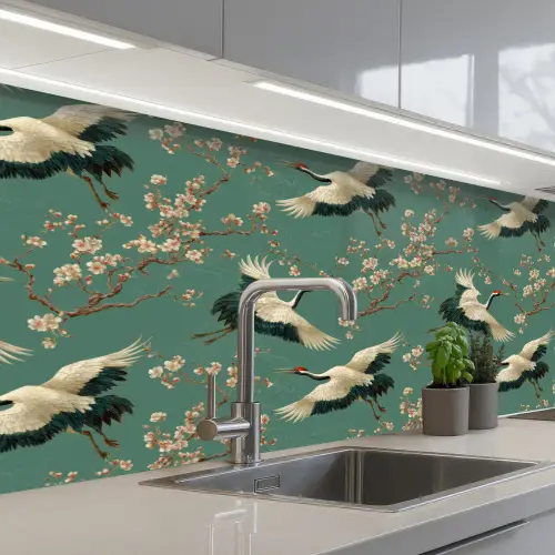 Kersenbloesem - Kraamvogels - Groen keuken achterwand 2 middel 871 -3d_schuin