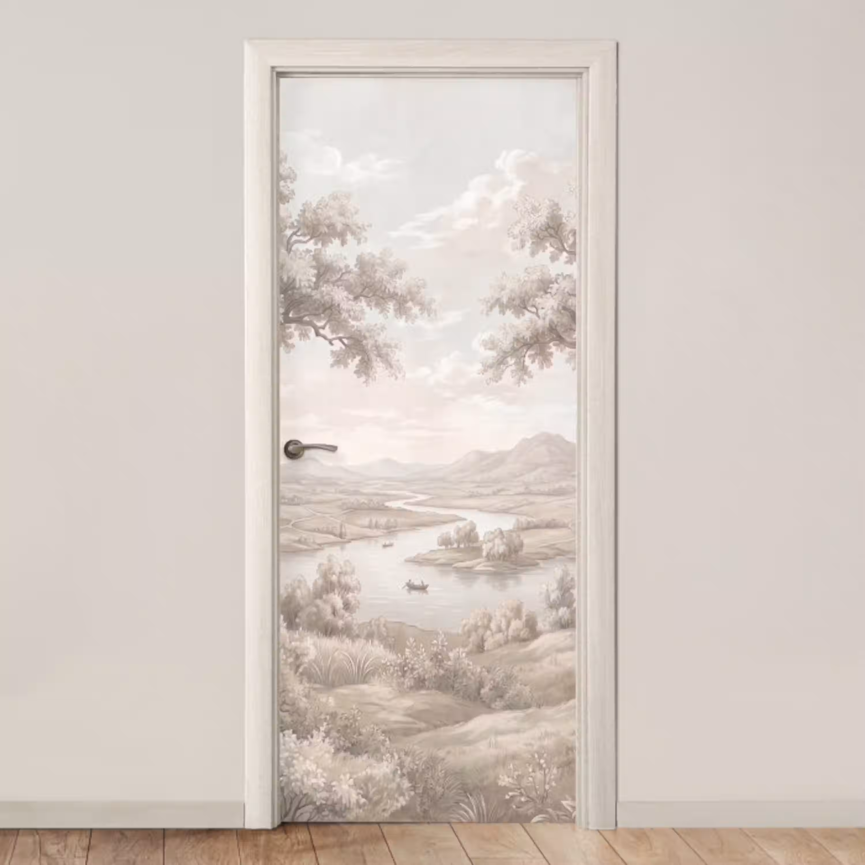 Rivierlandschap - Bergen - Natuur - Vintage - Beige deurposter klein -3d_beige