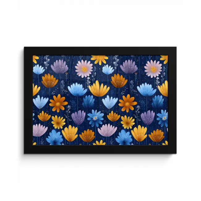 Bloemen - Patroon - Blauw - Contrast fotolijst zwart zonder passe partout klein -3d