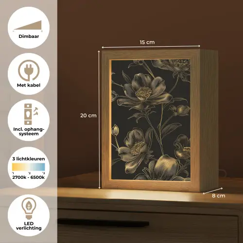 Bloemen - Zwart - Goud - Line art Light Box met kabel (Tafellamp) klein -USP_NL