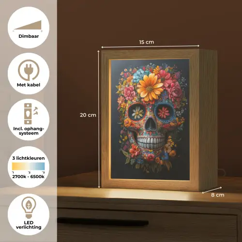 Bloemen - Kleurrijk - Schedel Light Box met kabel (Tafellamp) klein -USP_NL