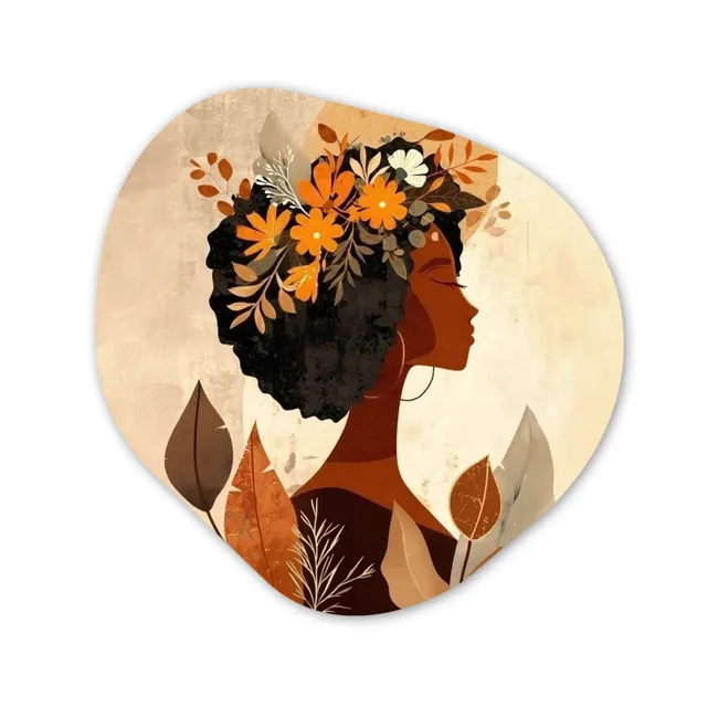 Vrouw - Krullen - Bloemen - Beige Wandcirkel Organisch Forex 3mm klein -3d