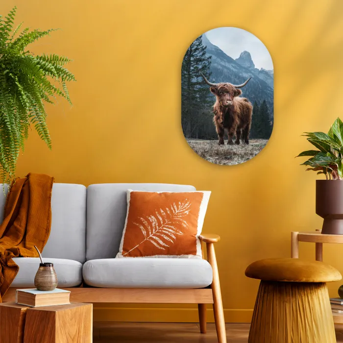 Schotse hooglander - Berg - Landschap - Bomen - Koe - Natuur Wandcirkel Ovaal Forex klein -sfeer4