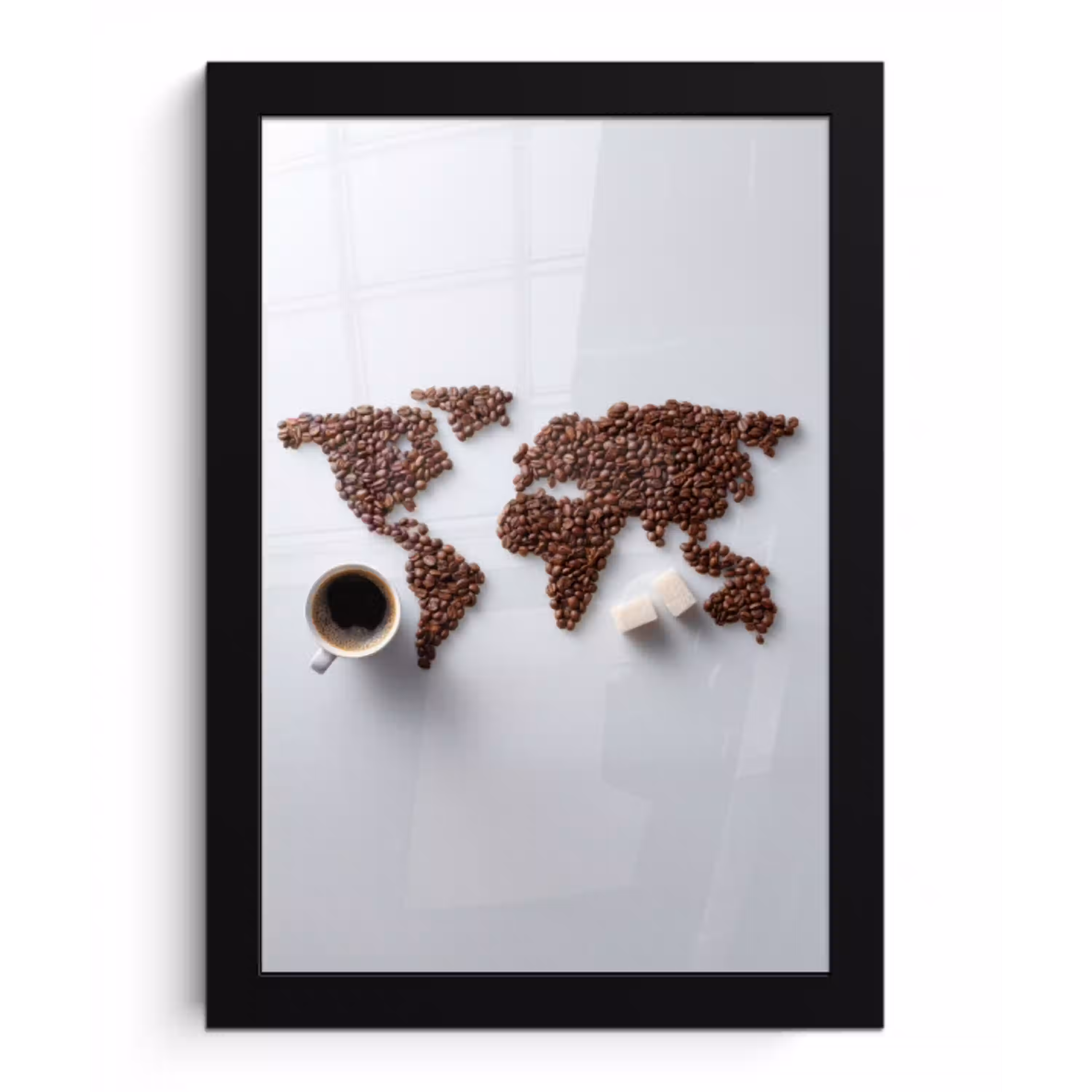 Wereldkaart - Koffiebonen - Suikerklontjes fotolijst zwart zonder passe partout klein -3d