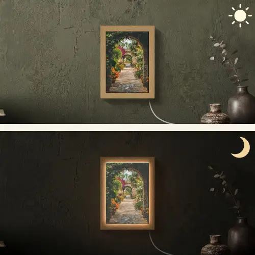 Doorkijk - Bloemen - Poort - Stenen Light Box met kabel (Wandlamp) klein -sfeer3