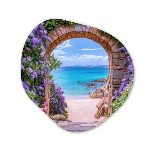 Doorkijk - Poort - Zee - Strand - Rotsen Wandcirkel Organisch Plexiglas middel -3d
