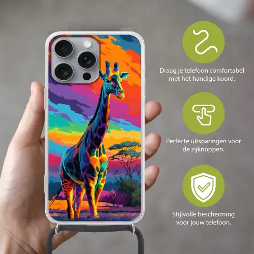 Giraffe - Savanna - Lucht - Gekleurd Hoesje iPhone 16 Pro Max met koord klein -sfeer2_NL