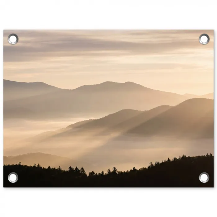 Bergen - Mist - Zonnestralen tuinposter los doek klein -3d