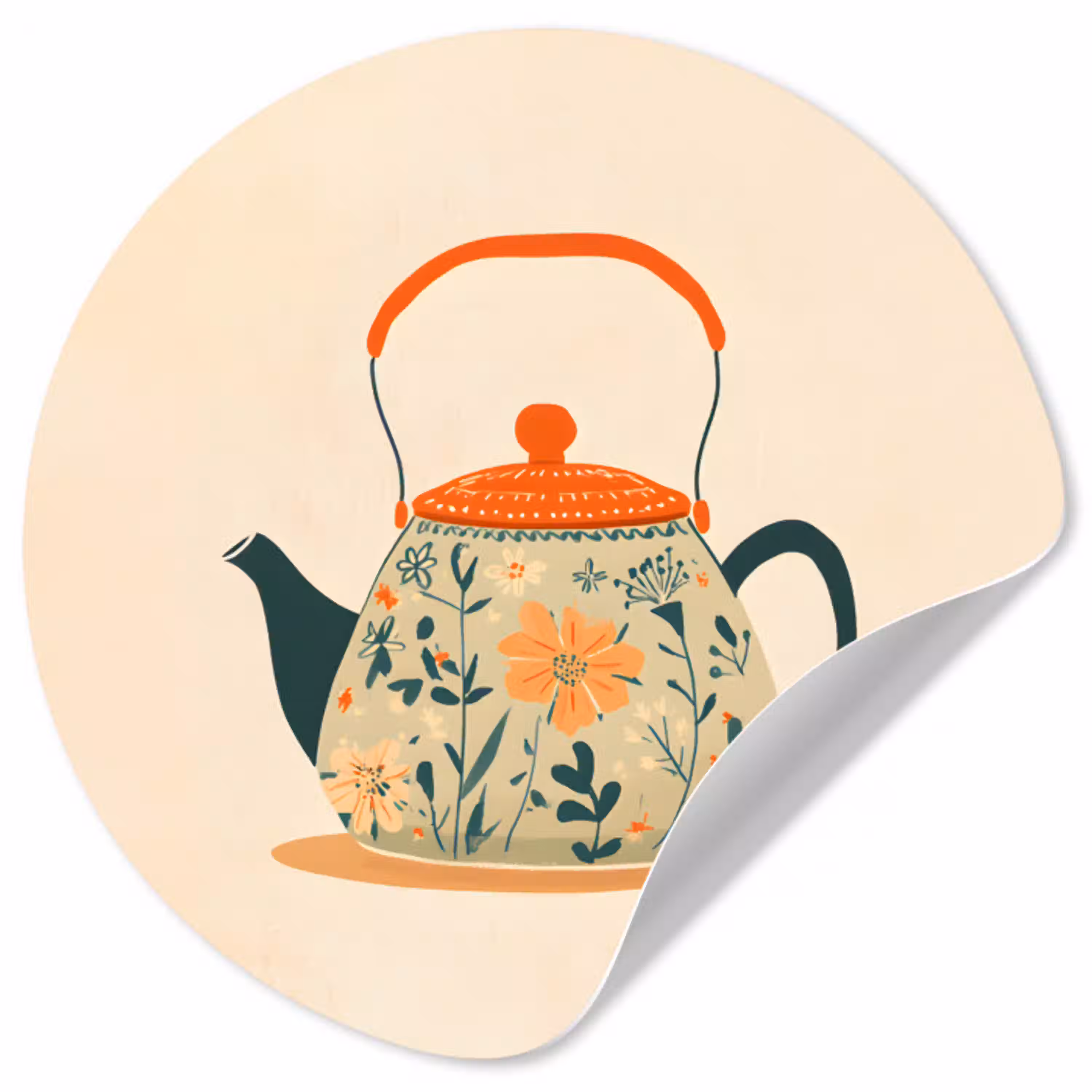 Oranje - Theepot - Bloemen - Bladeren Wandcirkel behangsticker klein -3d