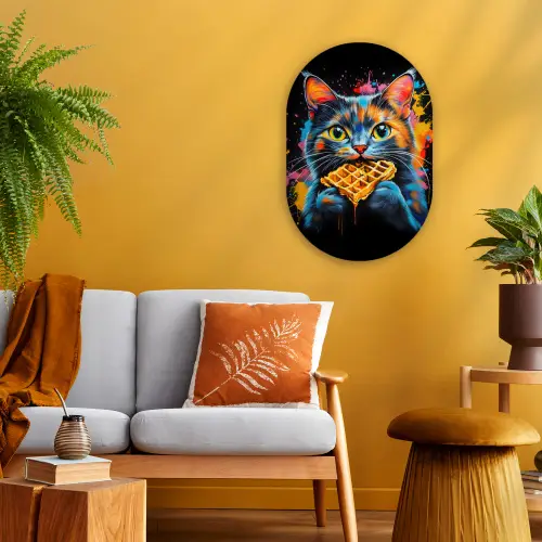 Kat - Graffiti - Kleurrijk - Wafel - Eten Wandcirkel Ovaal Forex klein -sfeer4