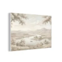 Rivierlandschap - Bergen - Natuur - Vintage - Beige forex 5mm xxl -3d