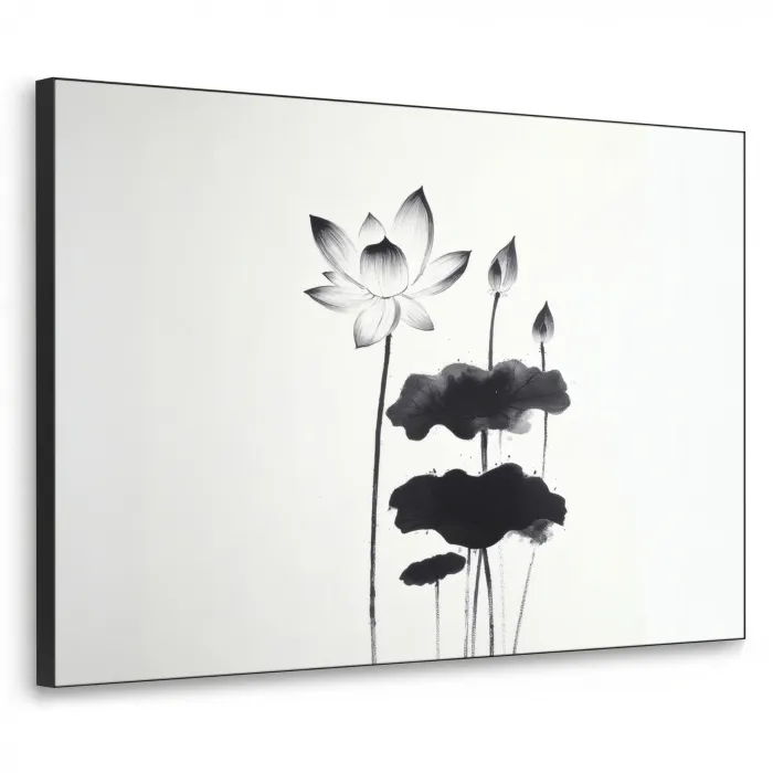 Bladeren - Zwart - Lotusbloem - Minimalitisch Textielframe zwart klein -3d