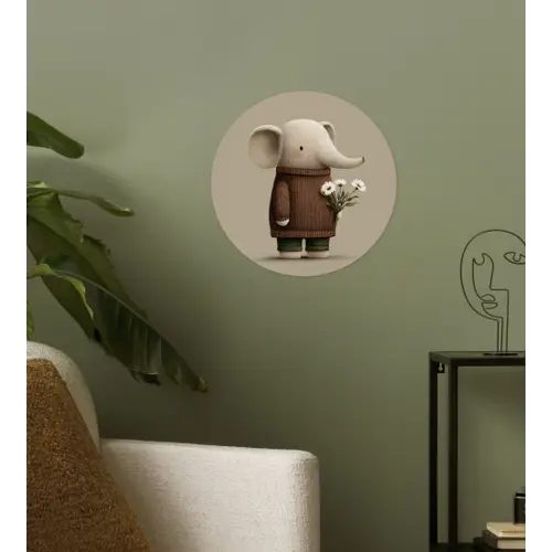 Olifant - Witte bloemen - Kindvriendelijk Wandcirkel behangsticker klein -sfeer2