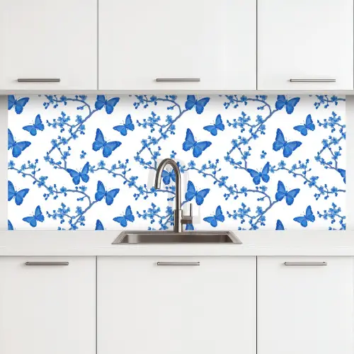 Vlinder - Bloemen - Blauw keuken achterwand 2 middel 871 -3d