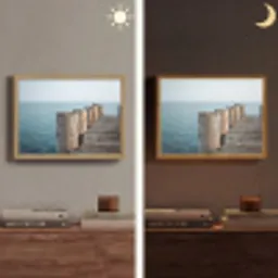 Houten steiger - Helderblauwe lucht Light Box met batterij (Wandlamp) middel -sfeer3