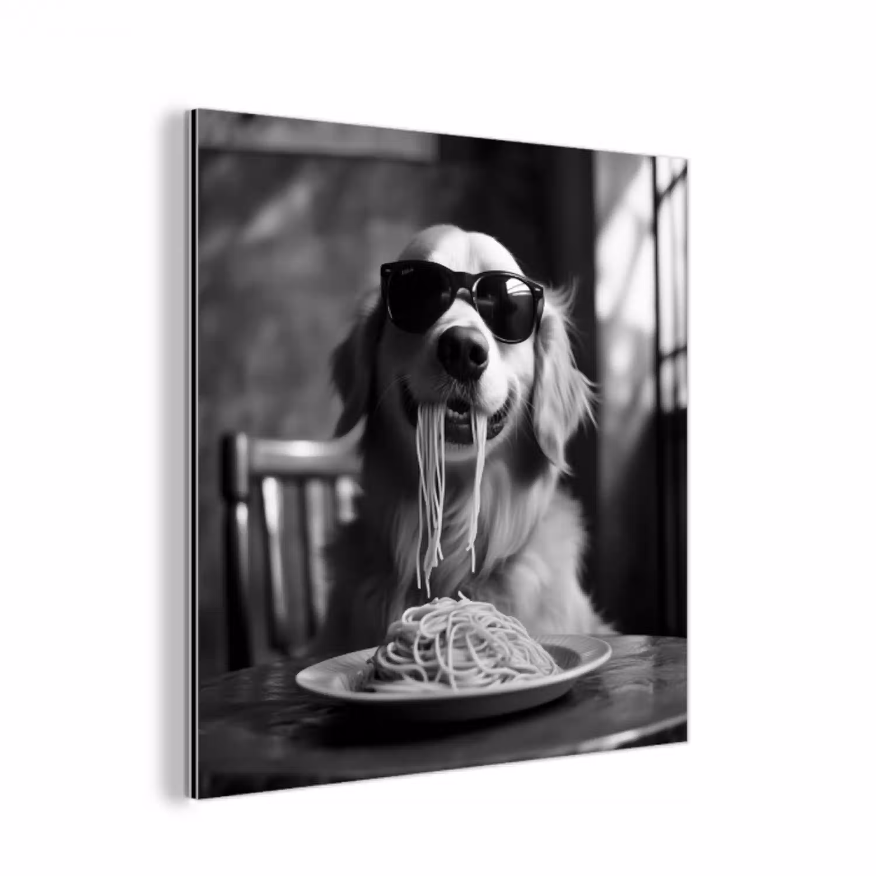 Golden Retriever - Hond - Vrolijk -  Bord spaghetti - Zwart - wit aluminium wit klein -3d