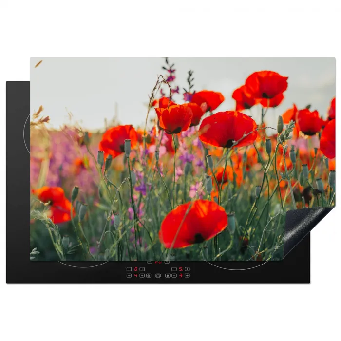 Klaproos - Bloemen - Rood - Paars - Weide Inductie beschermer vinyl 3mm klein -3d