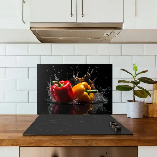 Paprika - Water - Zwart - Groente - Rood - Geel keuken achterwand spatscherm klein -sfeer2