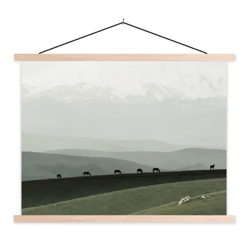 Grijs - Berg - Paarden textielposter latten blank klein -3d