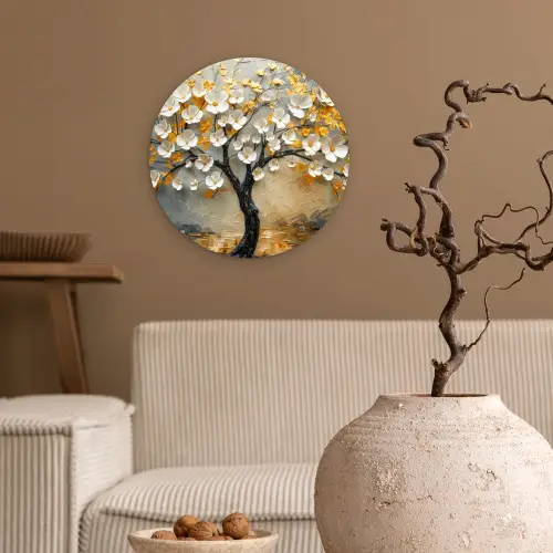 Boom - Bloemen - Goud - Beige Wandcirkel kunststof plaat 5mm dik klein -sfeer1
