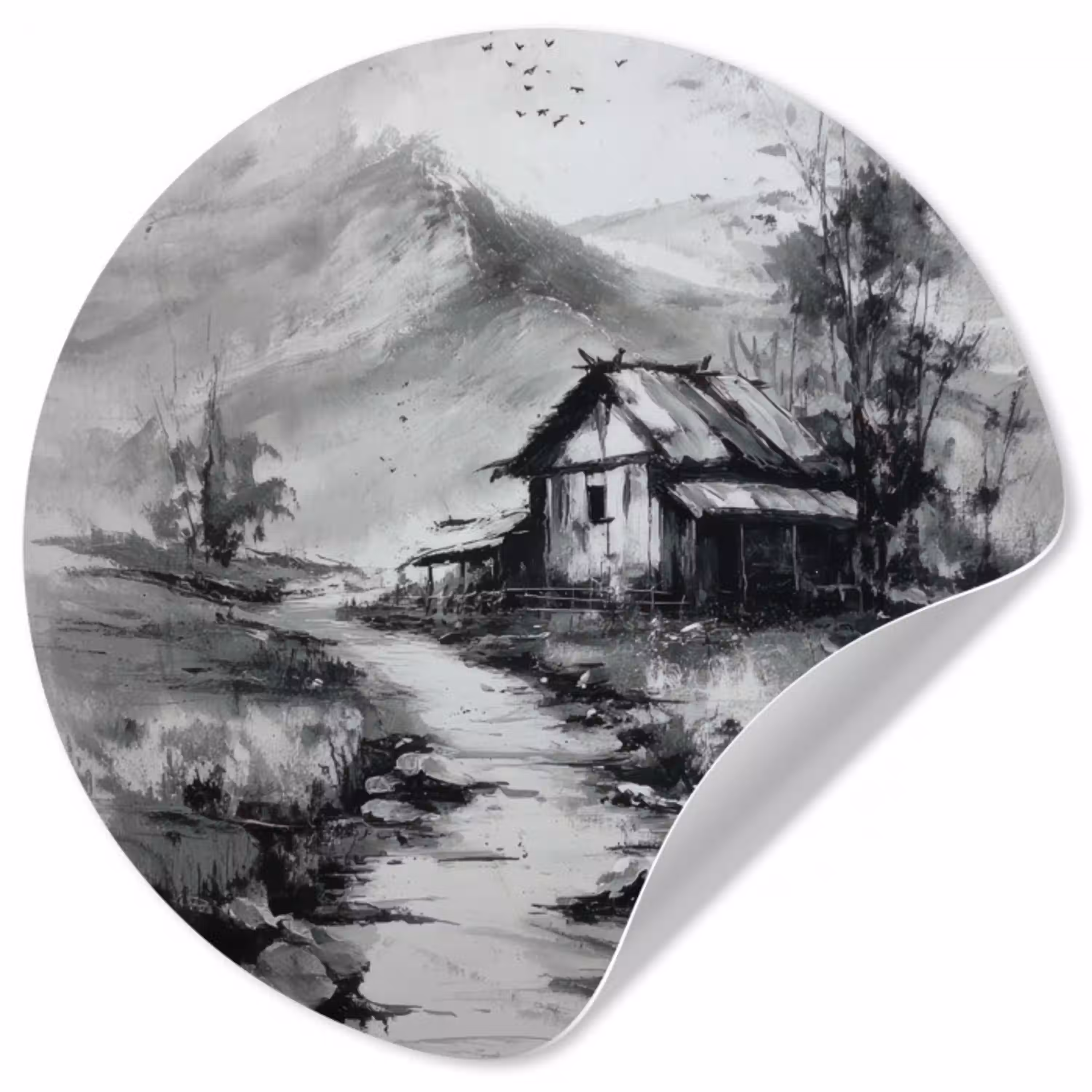Hut - Grijs - Bergen - Mistig Wandcirkel behangsticker klein -3d