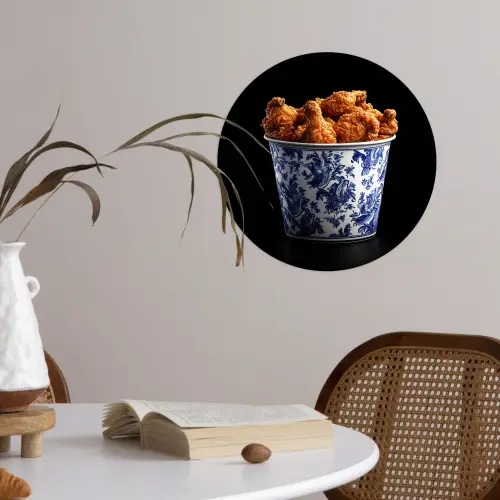 Kip - Bucket - Delfts blauw - Lekker Wandcirkel behangsticker klein -sfeer3