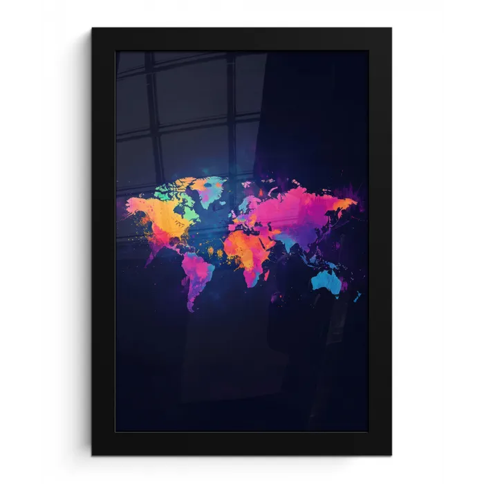 Wereldkaart - Kleurrijk - Graffiti fotolijst zwart zonder passe partout klein -3d