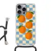 Sinaasappels - Blaadjes - Geblokt - Blauw Hoesje iPhone 16 Pro Max met koord klein -3d