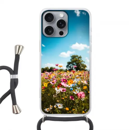 Bloemenweide - Blauw - Lucht - Kleuren Hoesje iPhone 16 Pro Max met koord klein -3d