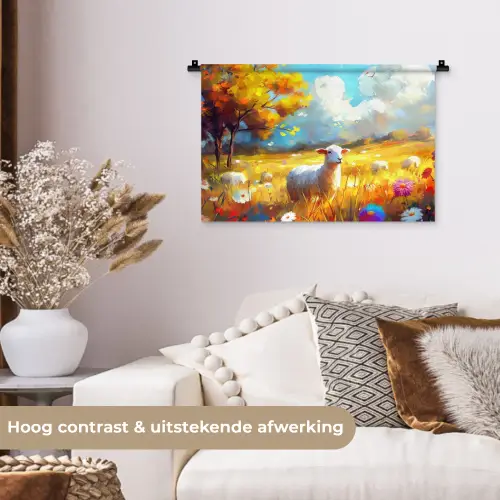 Schaap - Weide - Bloemen Wandkleed katoen klein -sfeer1