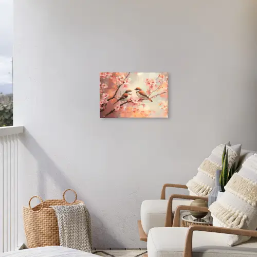 Vogels - Romantic - Bloesemtak Tuinposter op houten frame 2 cm dik klein -sfeer1