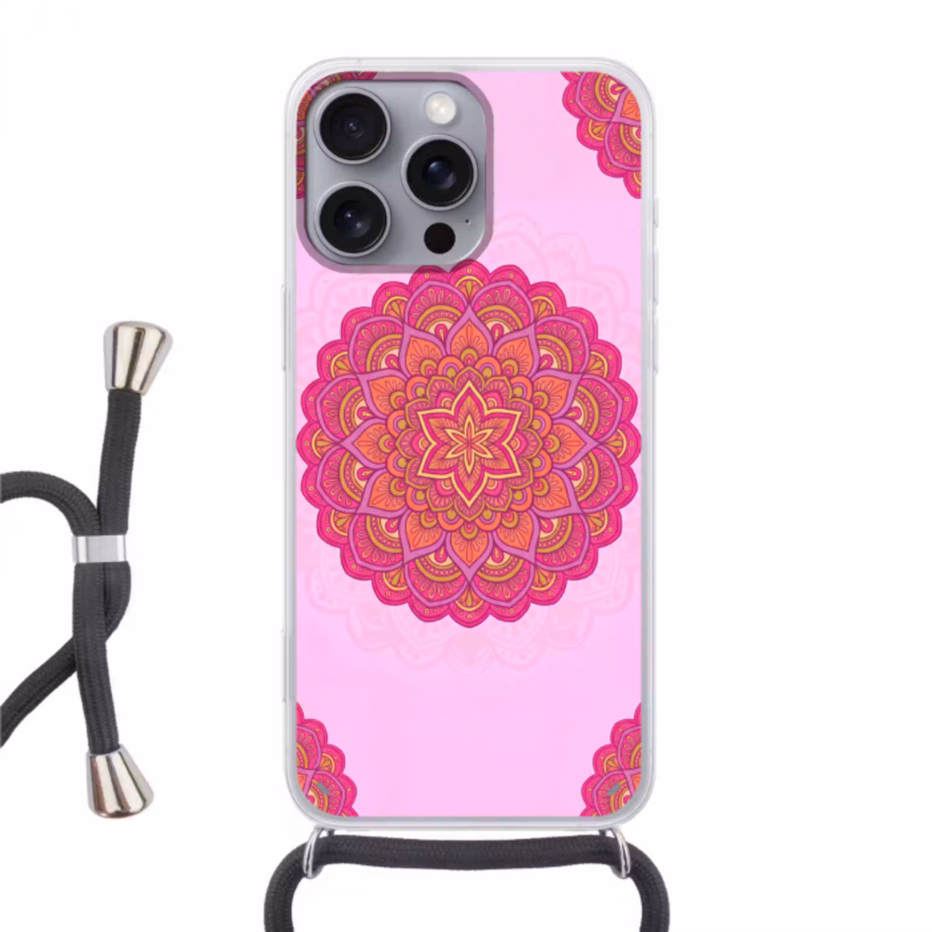 Mandala - Cirkel - Spiritueel - Oosters - Roze Hoesje iPhone 16 Pro Max met koord klein -3d