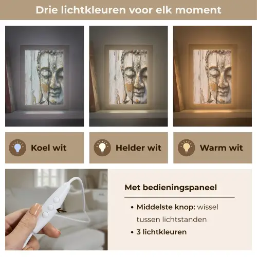 Boeddha - Houtlook - Modern - Industrieel Light Box met kabel (Tafellamp) klein -USP_lichtkleurNL