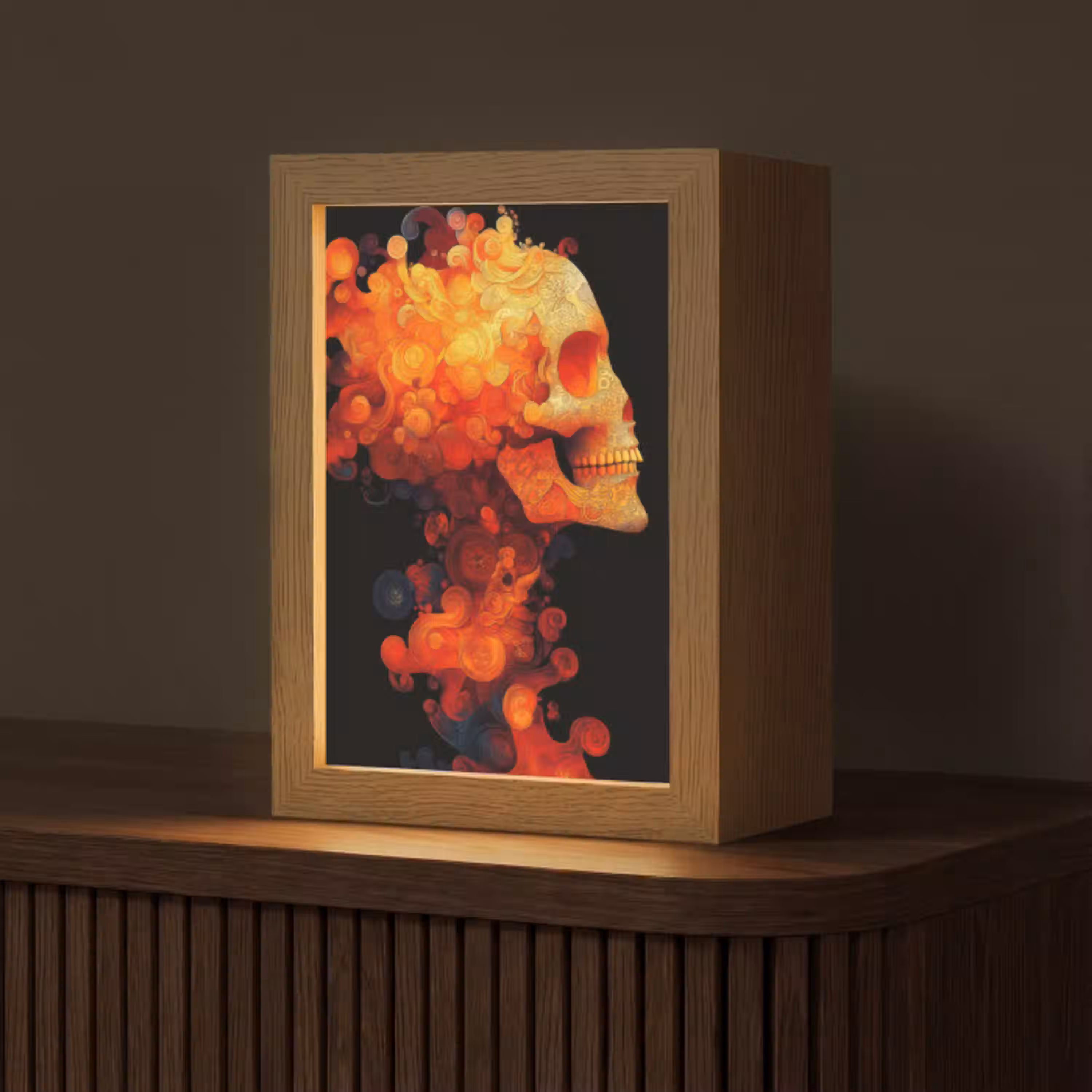 Schedel - Oranje - Zijaanzicht - Vlammen Light Box met kabel (Tafellamp) klein -z3d_website