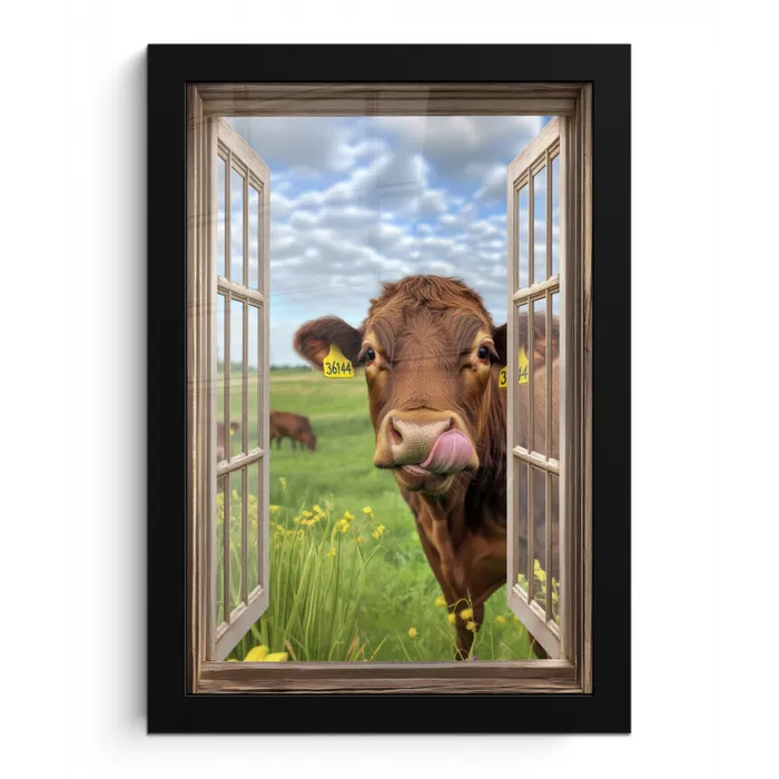 Doorkijk - Koe - Weiland - Landschap - Dieren fotolijst zwart zonder passe partout klein -3d