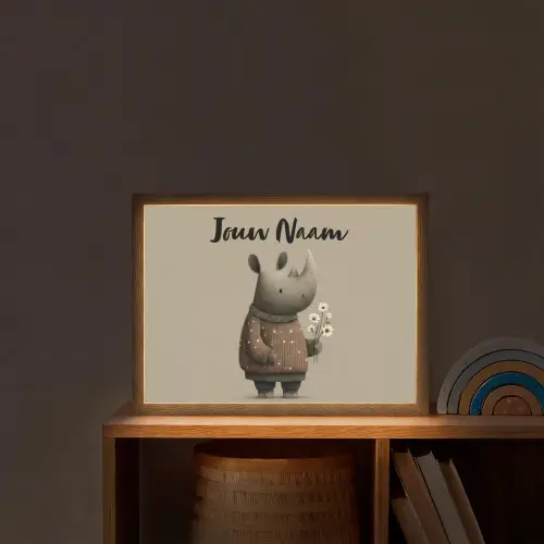 Neushoorn - Witte bloemen - Lief Light Box met batterij (Wandlamp kind) middel -sfeer1_kind