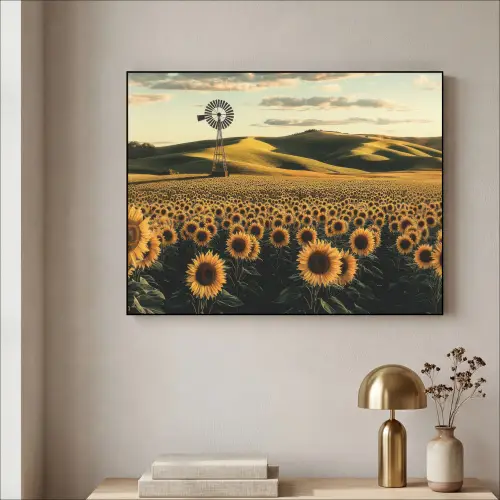 Zonnebloem - Veld - Windmolen Textielframe zwart klein -sfeer2