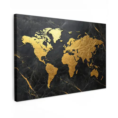 Wereldkaart - Goud - Marmer Tuinposter op houten frame 2 cm dik klein -3d