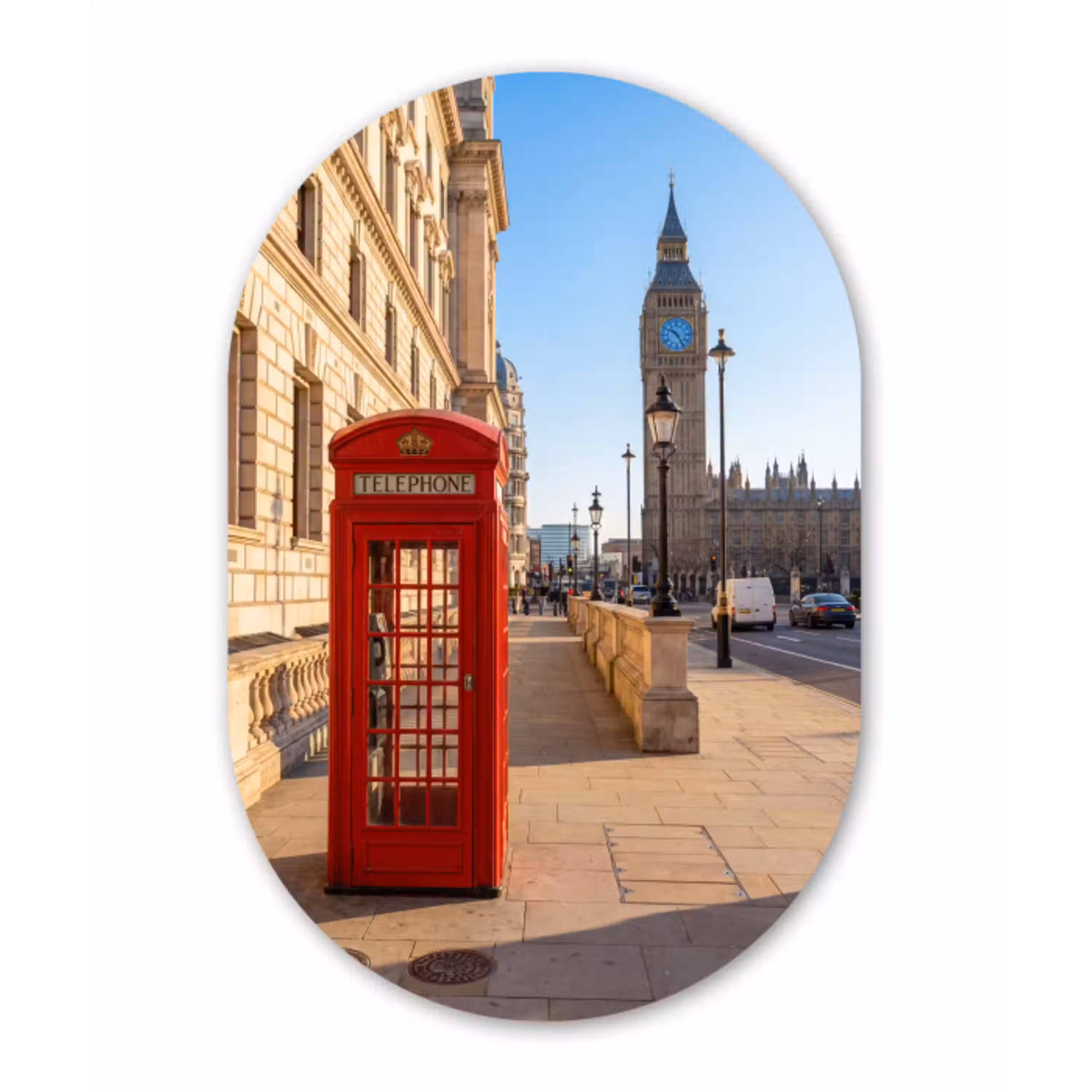 Telefooncel - Rood - Londen - Stad - Architectuur Wandcirkel Ovaal Aluminium middel -3d